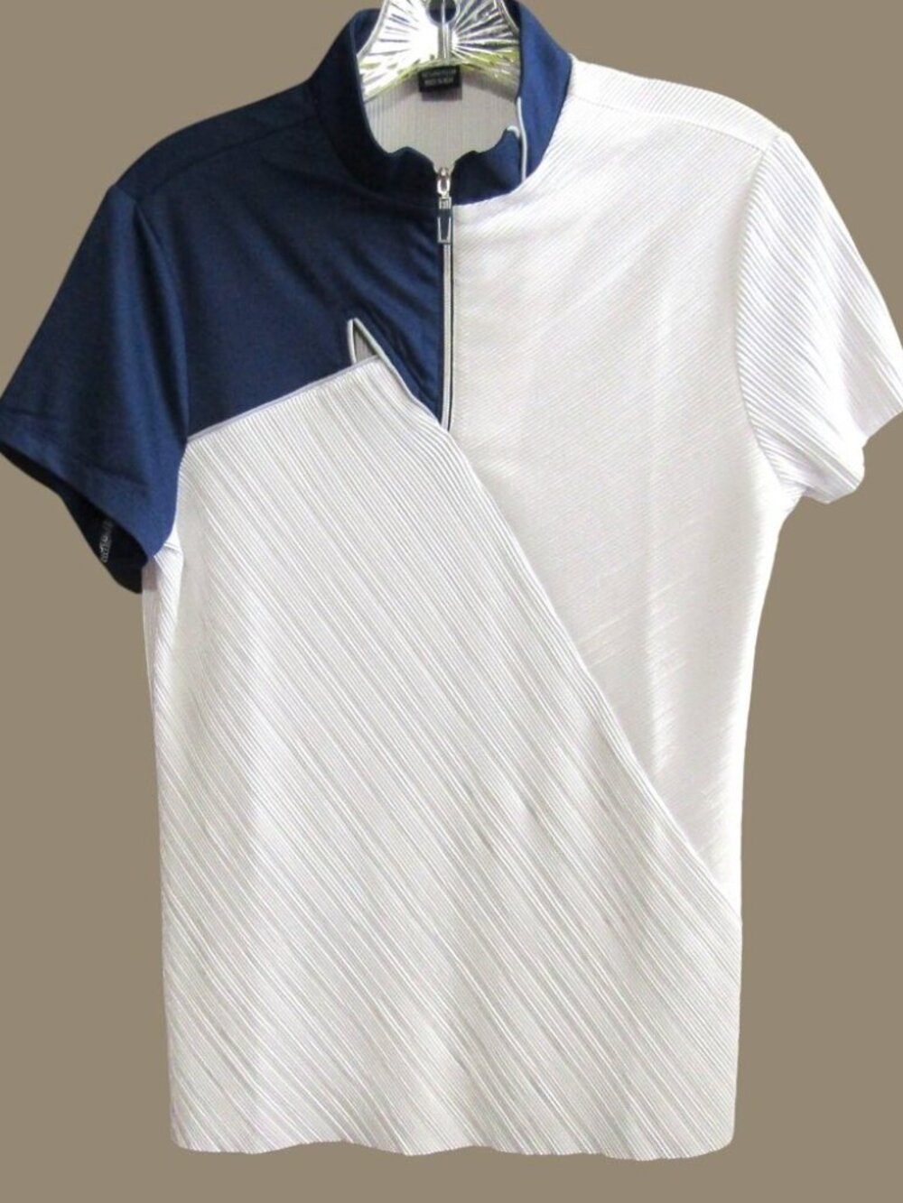 Jamie Sadock 1/4 Zip Blue White Crinkle Top Size S Cutout Short Slv Golf Tennis